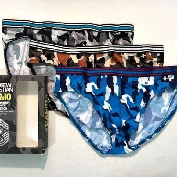 3-Pack Andrew Christian Size "S" Nylon Camo Briefs - Blue/Brown/Gray - Picture 1 of 7